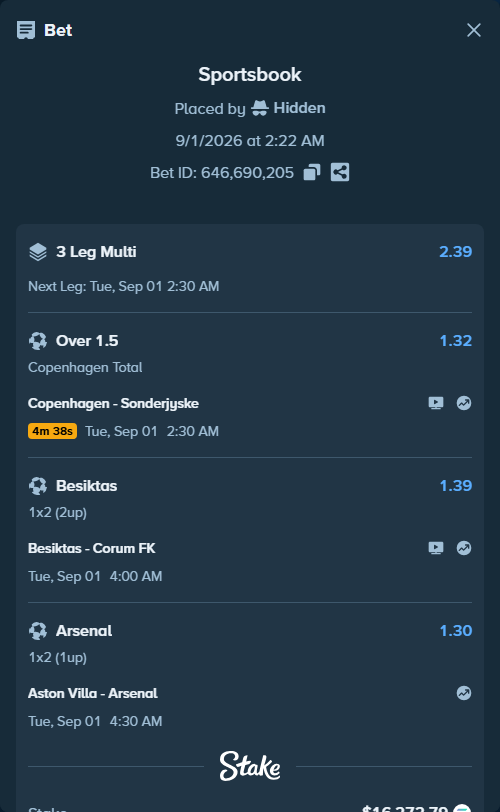 Bet slip: Copenhagen - Soenderjyske, $16,303.25 stake at 1.32 odds, placed by Hidden
