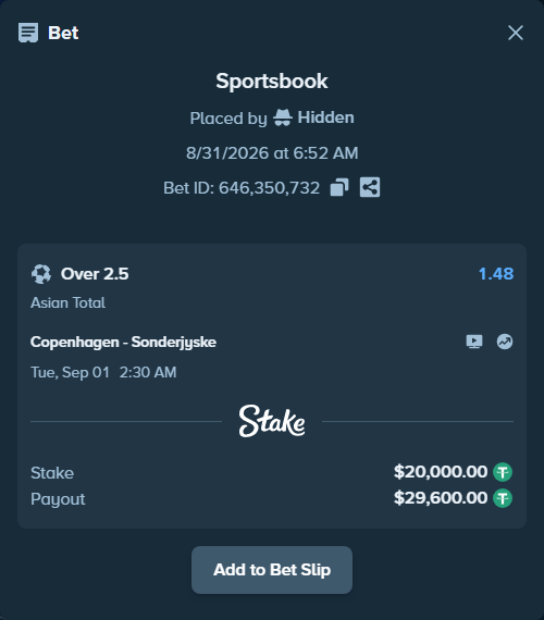 Bet slip: Copenhagen - Soenderjyske, $20,000.00 stake at 1.48 odds, placed by Hidden