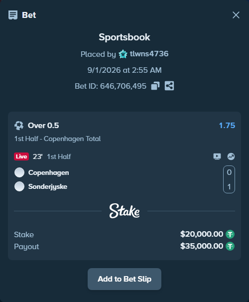 Bet slip: Copenhagen - Soenderjyske, $20,000.00 stake at 1.75 odds, placed by tlwns4736