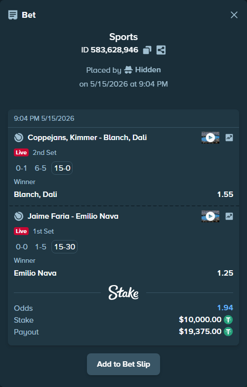 Bet slip: Coppejans, Kimmer - Blanch, Dali, $10,000.00 stake at 1.55 odds, placed by Hidden