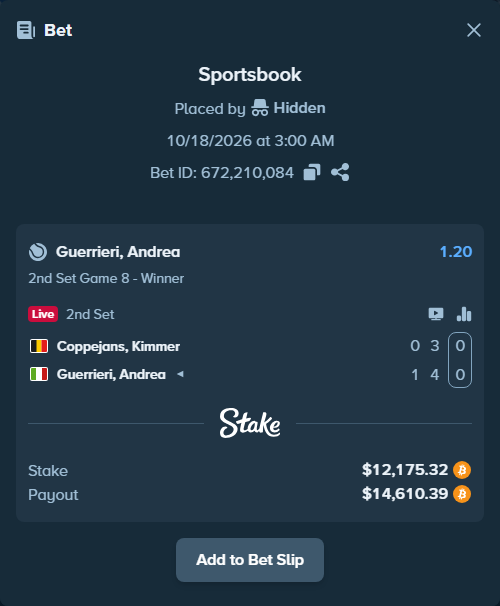 Bet slip: Coppejans, Kimmer - Guerrieri, Andrea, $12,191.70 stake at 1.20 odds, placed by Hidden
