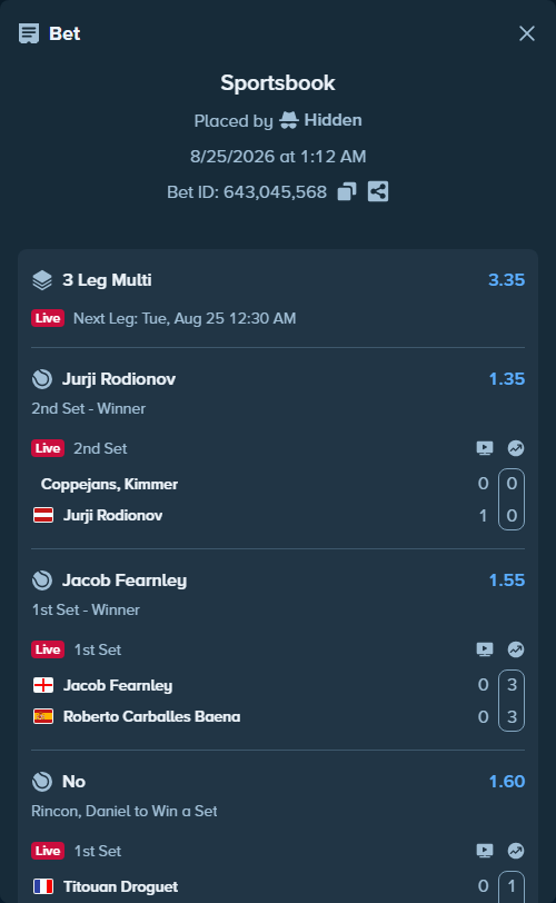 Bet slip: Coppejans, Kimmer - Jurji Rodionov, $13,800.01 stake at 1.35 odds, placed by Hidden