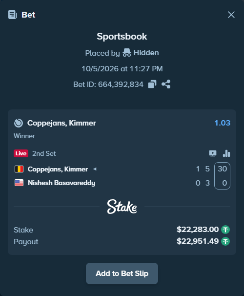 Bet slip: Coppejans, Kimmer - Nishesh Basavareddy, $22,283.00 stake at 1.03 odds, placed by Hidden