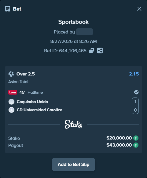 Bet slip: Coquimbo Unido - CD Universidad Catolica, $20,000.00 stake at 2.15 odds, placed by tlwns4736