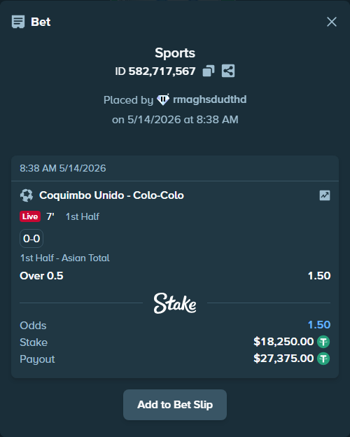 Bet slip: Coquimbo Unido - Colo-Colo, $18,250.00 stake at 1.50 odds, placed by rmaghsdudthd