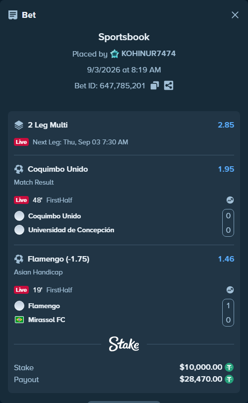 Bet slip: Coquimbo Unido - Universidad de Concepcion, $10,000.00 stake at 1.95 odds, placed by KOHINUR7474