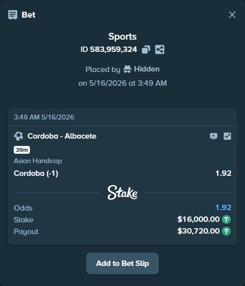 Bet slip: Cordoba - Albacete, $16,000.00 stake at 1.92 odds, placed by Hidden