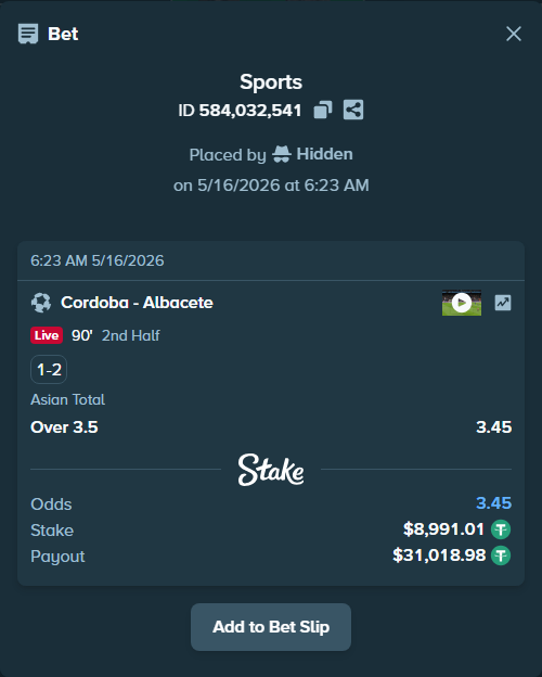 Bet slip: Cordoba - Albacete, $9,000.00 stake at 3.45 odds, placed by Hidden