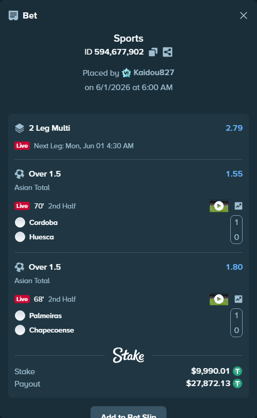 Bet slip: Cordoba - Huesca, $10,000.00 stake at 1.55 odds, placed by Kaidou827