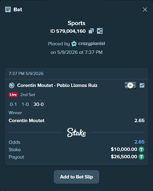 Bet slip: Corentin Moutet - Pablo Llamas Ruiz, $10,000.00 stake at 2.65 odds, placed by crazypianist