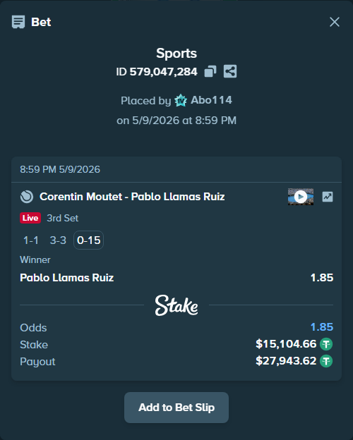 Bet slip: Corentin Moutet - Pablo Llamas Ruiz, $15,104.66 stake at 1.85 odds, placed by Abo114