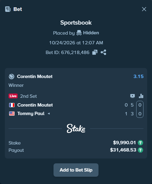Bet slip: Corentin Moutet - Tommy Paul, $10,000.00 stake at 3.15 odds, placed by WinTr10