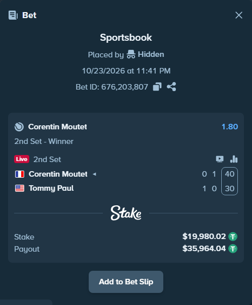 Bet slip: Corentin Moutet - Tommy Paul, $20,000.00 stake at 1.80 odds, placed by Hidden