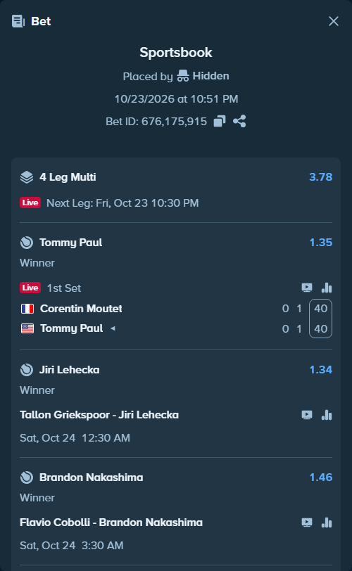 Bet slip: Corentin Moutet - Tommy Paul, $23,927.00 stake at 1.35 odds, placed by Hidden