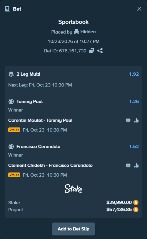 Bet slip: Corentin Moutet - Tommy Paul, $29,853.93 stake at 1.26 odds, placed by Hidden
