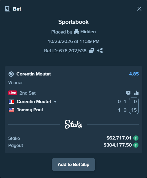 Bet slip: Corentin Moutet - Tommy Paul, $62,779.73 stake at 4.85 odds, placed by Hidden