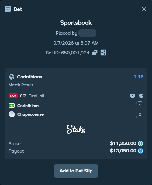 Bet slip: Corinthians - Chapecoense, $11,250.00 stake at 1.16 odds, placed by assyri19