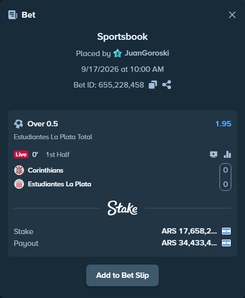 Bet slip: Corinthians - Estudiantes La Plata, $19,424.02 stake at 1.95 odds, placed by JuanGoroski