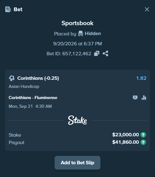 Bet slip: Corinthians - Fluminense, $23,000.00 stake at 1.82 odds, placed by Hidden