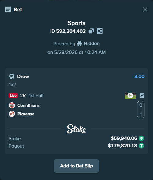 Bet slip: Corinthians - Platense, $60,000.00 stake at 3.00 odds, placed by Hidden