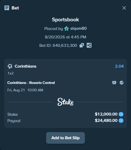 Bet slip: Corinthians - Rosario Central, $12,000.00 stake at 2.04 odds, placed by siqum80