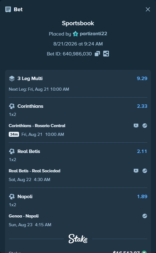 Bet slip: Corinthians - Rosario Central, $16,512.07 stake at 2.33 odds, placed by partizanti22