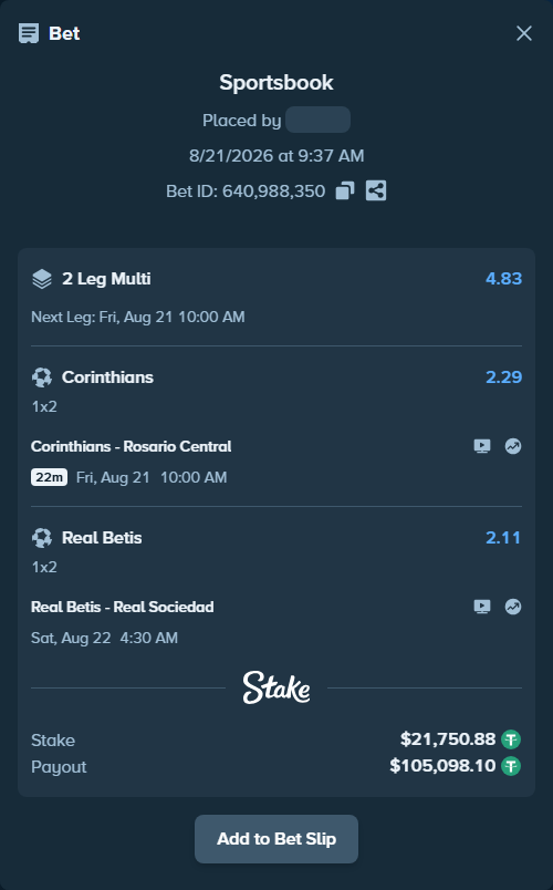 Bet slip: Corinthians - Rosario Central, $21,750.88 stake at 2.29 odds, placed by partizanti22