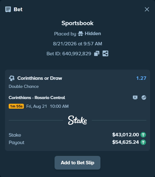 Bet slip: Corinthians - Rosario Central, $43,012.00 stake at 1.27 odds, placed by Hidden