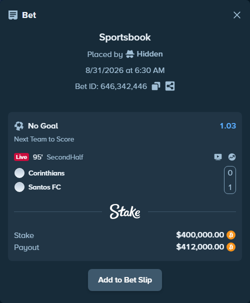 Bet slip: Corinthians - Santos, $399,703.11 stake at 1.03 odds, placed by Hidden