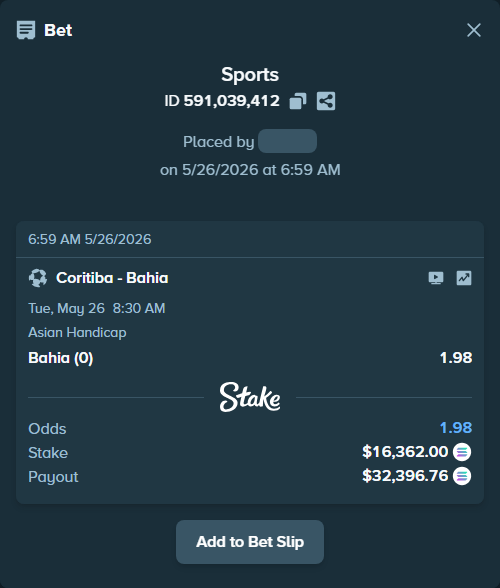 Bet slip: Coritiba - Bahia, $14,065.28 stake at 1.98 odds, placed by Othmane2kiks