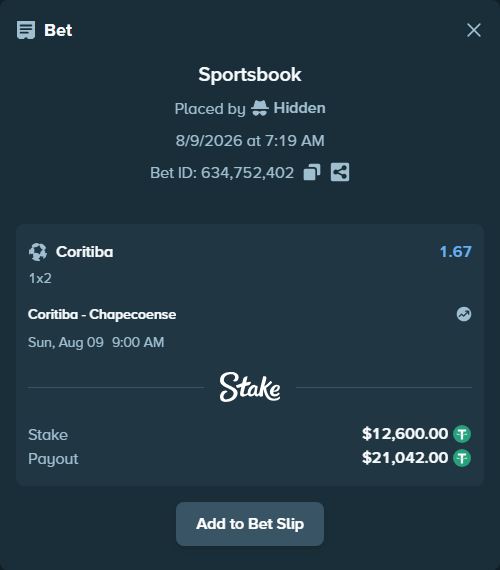 Bet slip: Coritiba - Chapecoense, $12,612.60 stake at 1.67 odds, placed by Hidden
