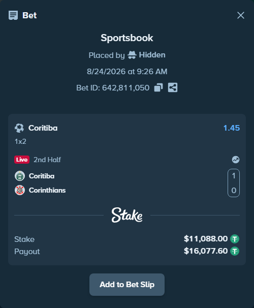 Bet slip: Coritiba - Corinthians, $11,086.89 stake at 1.45 odds, placed by Hidden