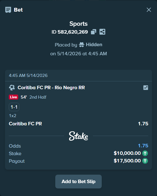 Bet slip: Coritiba FC PR - Rio Negro RR, $10,000.00 stake at 1.75 odds, placed by Hidden