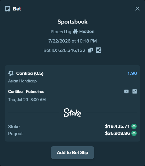 Bet slip: Coritiba - Palmeiras, $19,445.14 stake at 1.90 odds, placed by Hidden