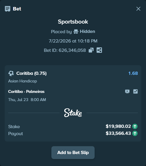 Bet slip: Coritiba - Palmeiras, $20,000.00 stake at 1.68 odds, placed by Hidden