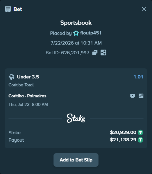 Bet slip: Coritiba - Palmeiras, $20,949.93 stake at 1.01 odds, placed by floutp451