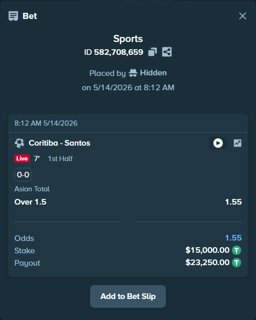 Bet slip: Coritiba - Santos, $15,000.00 stake at 1.55 odds, placed by rmaghsdudthd