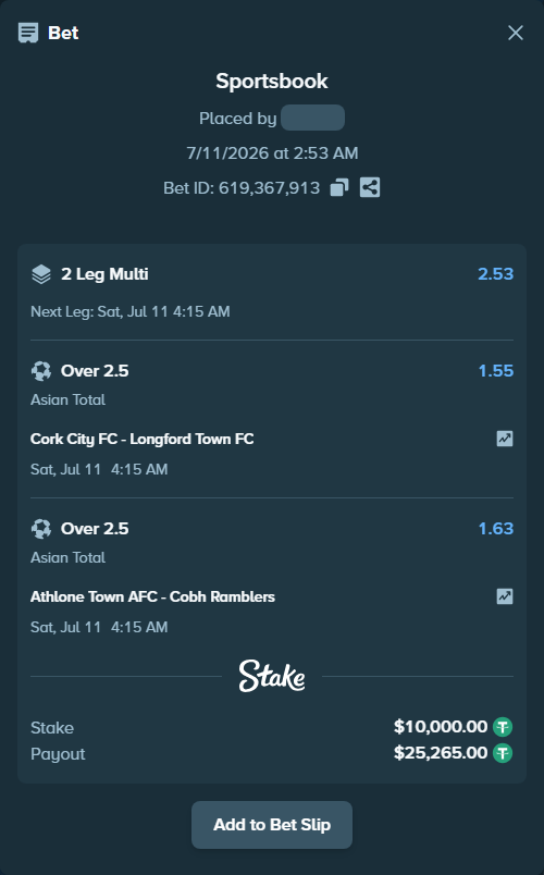 Bet slip: Cork City FC - Longford Town FC, $10,010.00 stake at 1.55 odds, placed by AsTraL11