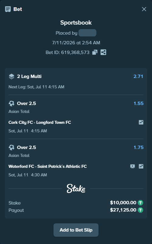 Bet slip: Cork City FC - Longford Town FC, $10,010.00 stake at 1.55 odds, placed by AsTraL11