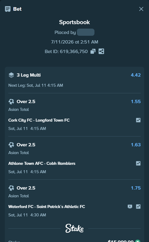 Bet slip: Cork City FC - Longford Town FC, $15,015.00 stake at 1.55 odds, placed by AsTraL11