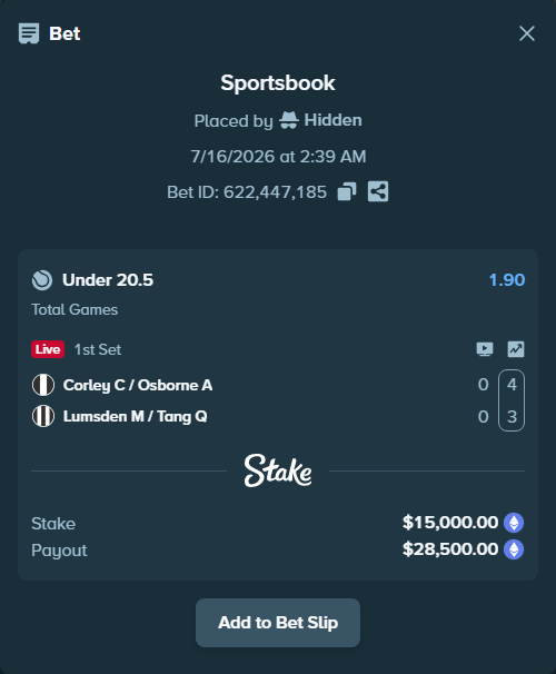Bet slip: Corley C / Osborne A - Lumsden M / Tang Q, $14,862.25 stake at 1.90 odds, placed by Hidden