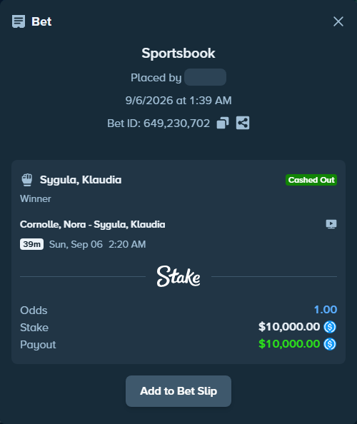 Bet slip: Cornolle, Nora - Sygula, Klaudia, $10,000.00 stake at 1.86 odds, placed by Sebbiboy