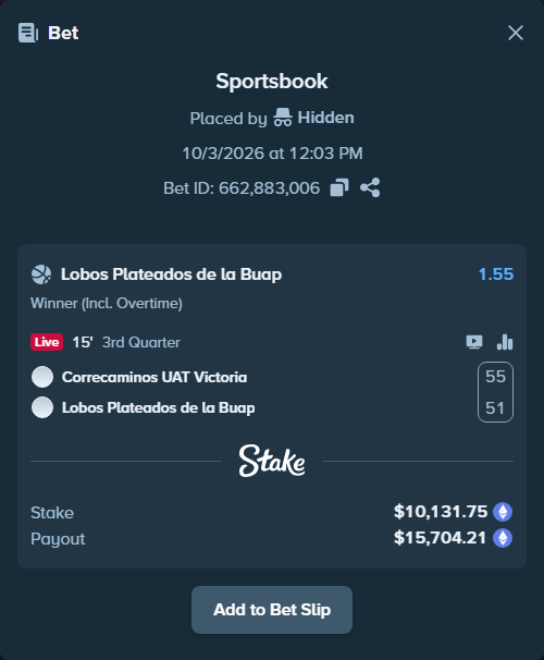 Bet slip: Correcaminos UAT Victoria - Lobos de Puebla, $10,139.24 stake at 1.55 odds, placed by Hidden