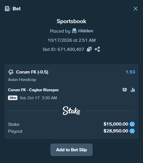 Bet slip: Corum FK - Caykur Rizespor, $15,000.00 stake at 1.93 odds, placed by Hidden