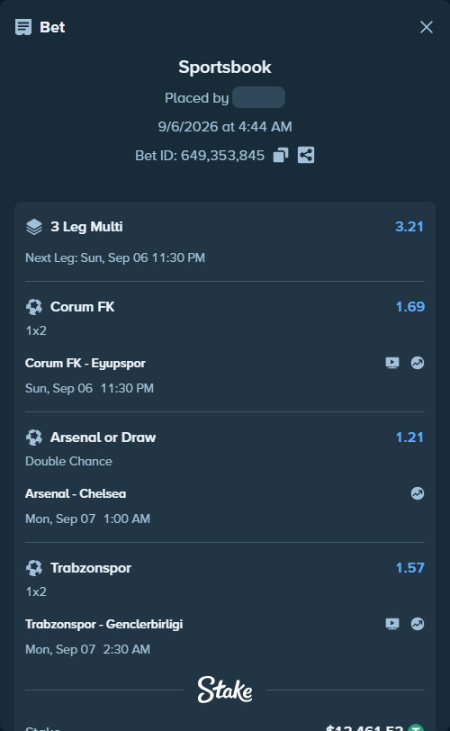 Bet slip: Corum FK - Eyupspor, $12,460.27 stake at 1.69 odds, placed by Mamacita1958