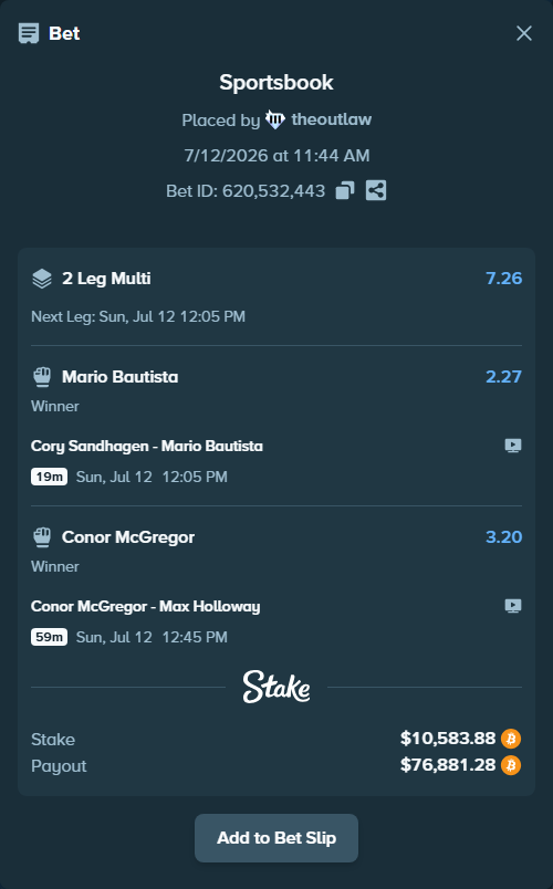 Bet slip: Cory Sandhagen - Mario Bautista, $10,627.25 stake at 2.27 odds, placed by theoutlaw