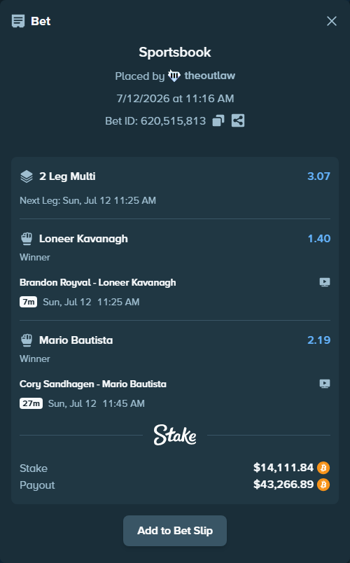 Bet slip: Cory Sandhagen - Mario Bautista, $14,205.97 stake at 2.19 odds, placed by theoutlaw