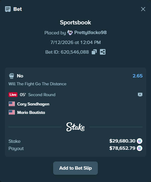 Bet slip: Cory Sandhagen - Mario Bautista, $28,125.55 stake at 2.65 odds, placed by Prettylfacko98