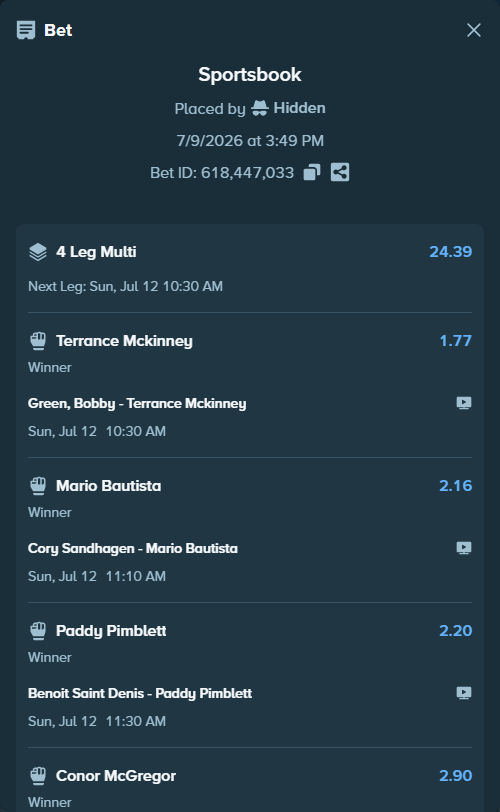 Bet slip: Cory Sandhagen - Mario Bautista, $55,557.66 stake at 2.16 odds, placed by Hidden