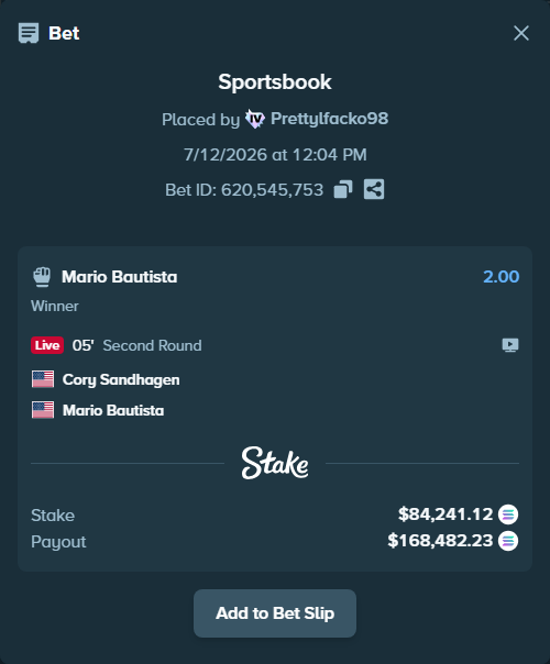 Bet slip: Cory Sandhagen - Mario Bautista, $79,828.29 stake at 2.00 odds, placed by Prettylfacko98